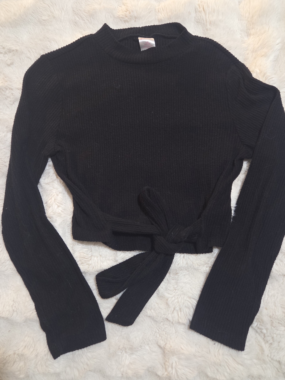 Teen Girl Youth Black Ribbed Tie-Waist Long Sleeve Crop Top Size L